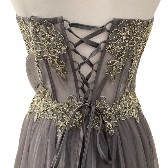 Wedding Special Ocassions Gray Embellished Tulle Strapless Size 9 Gown - Picture 8 of 10